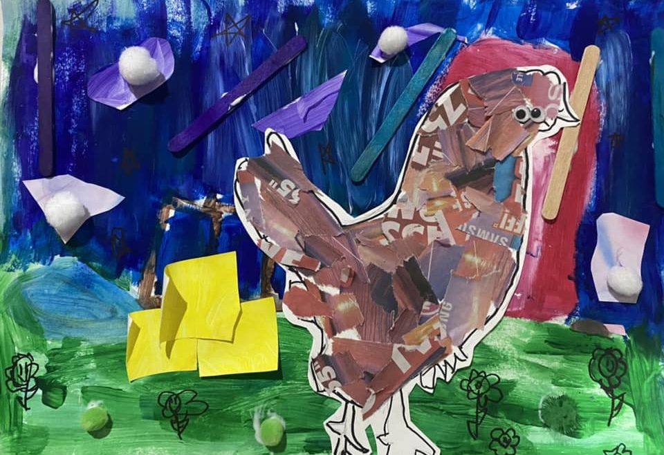 Newspaper chicken and mixed-media collage fun at Wild at Art KIDS art studio for kids