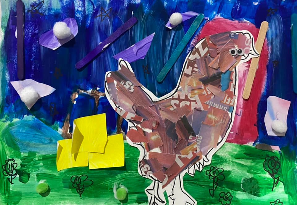 Newspaper chicken and mixed-media collage fun at Wild at Art KIDS art studio for kids