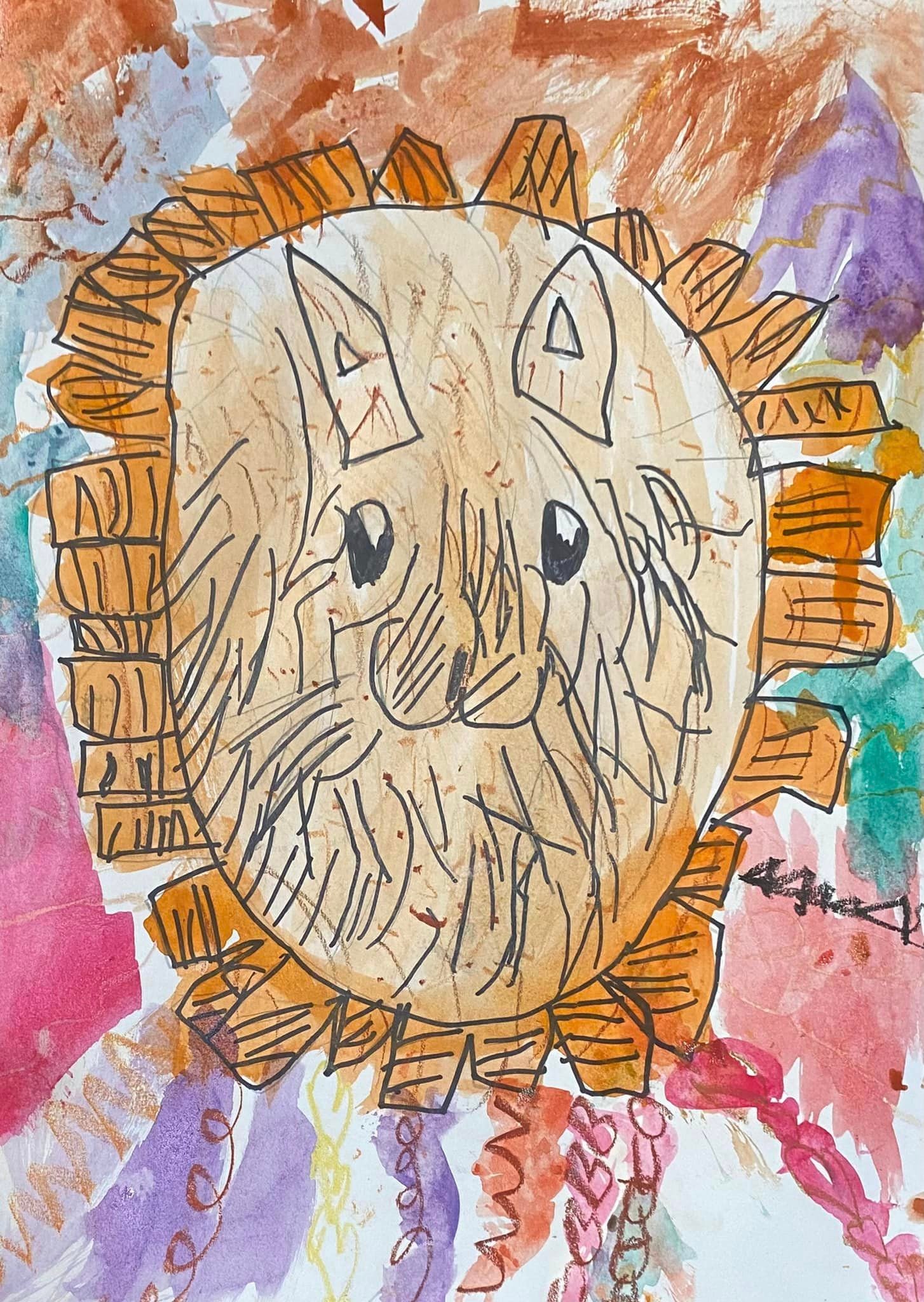 Oil pastel and watercolour resist lion created in a Wild at Art KIDS painting class for kids in Taylors Lakes