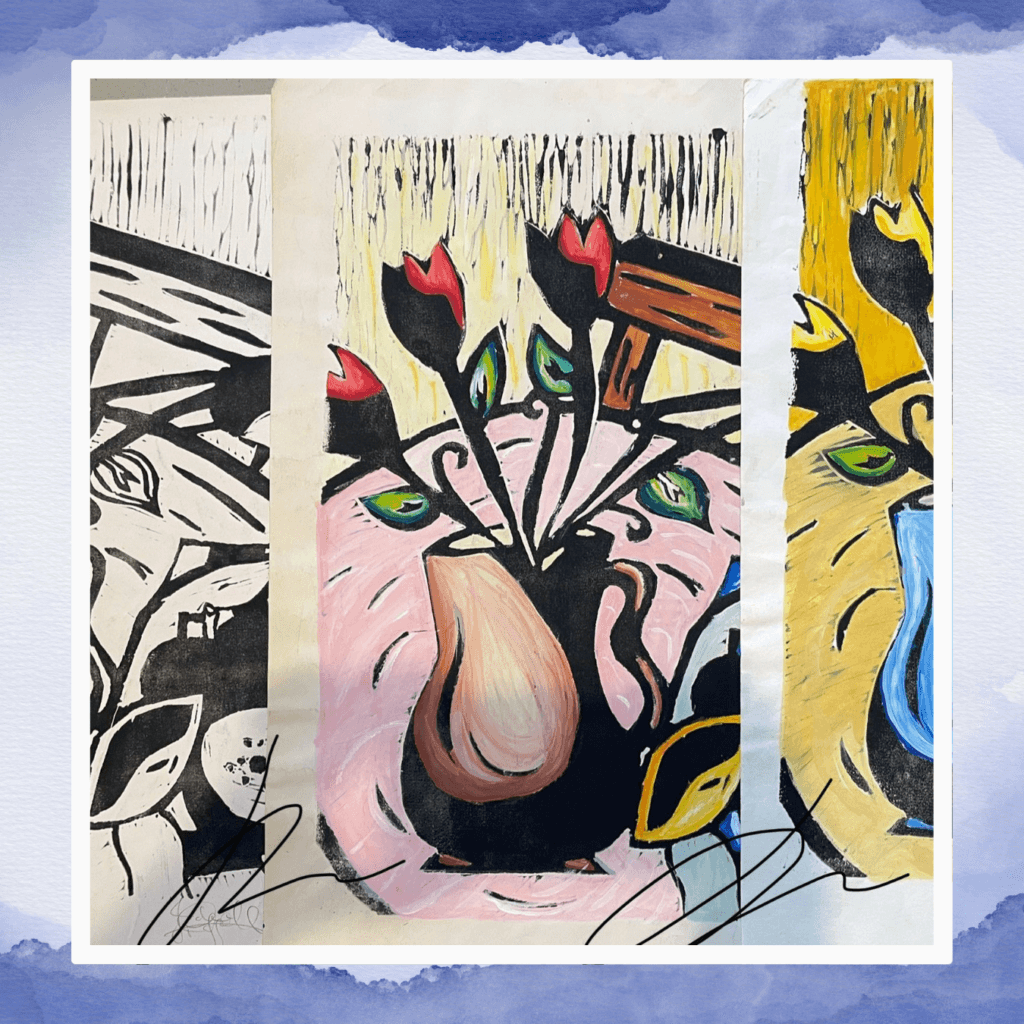 A 3 different colored painting of a flower on a vase.