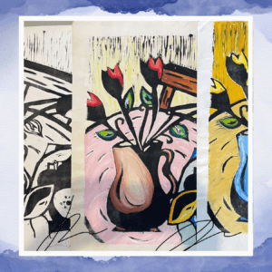 A 3 different colored painting of a flower on a vase.