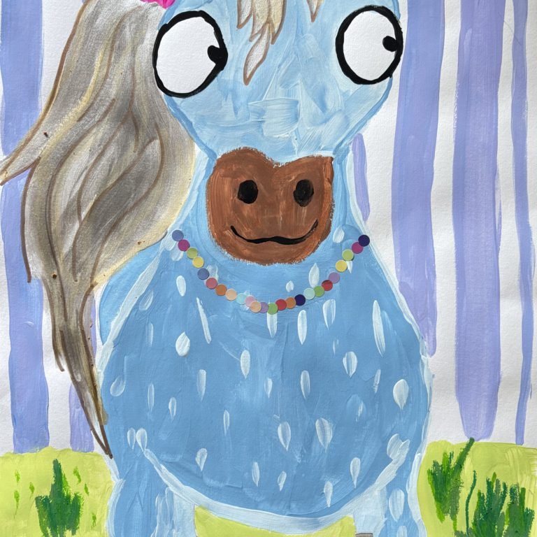 blue unicorn with purple stripy wall