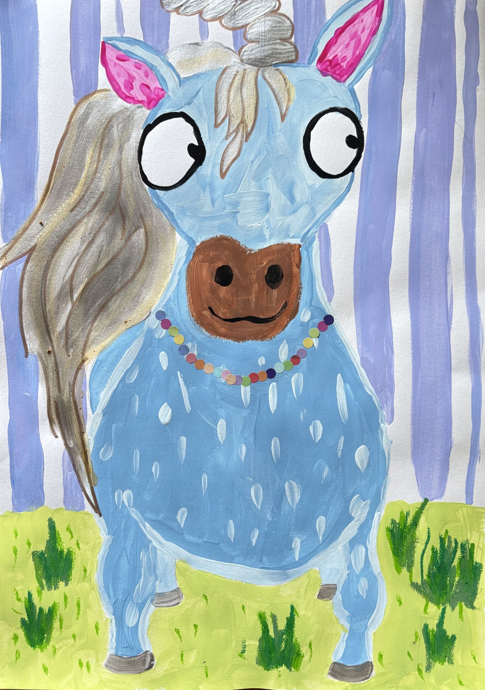 blue unicorn with purple stripy wall