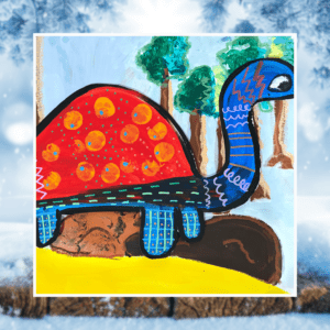 Pattern-o-saurus painted in red, blue with yellow sand and background trees