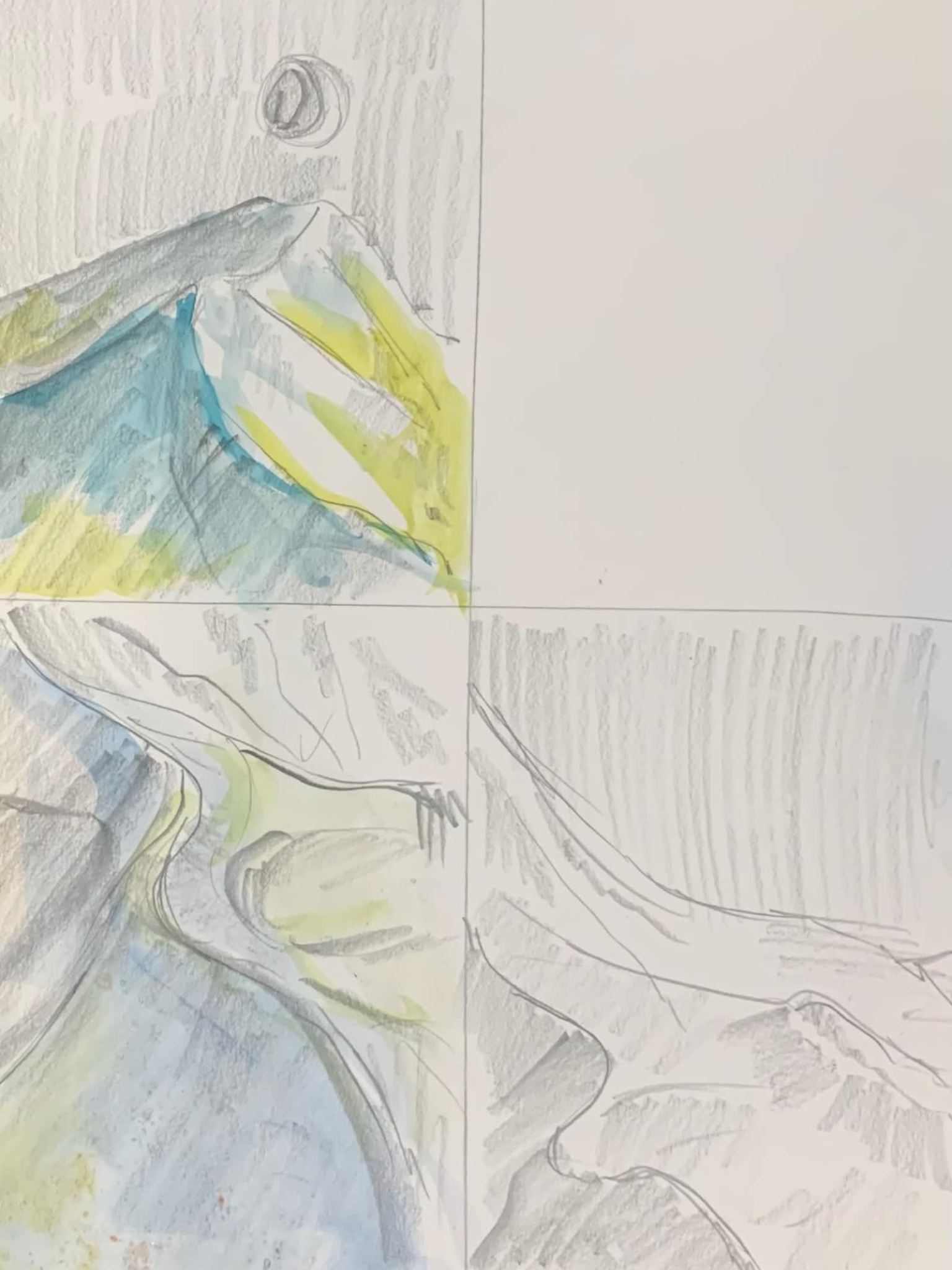 A four-panel observational pencil and colored-pencil study featuring close-up views of a rocky mountain landscape. The sketches explore different angles, shading techniques, and natural forms using soft grey, blue, and yellow tones.