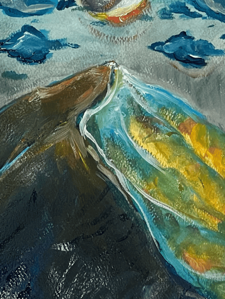 A vibrant mixed-media painting of a mountain landscape with dramatic blue, green, and golden highlights. The textured composition features a glowing peak beneath a cloudy sky with a warm, sun-like orb, emphasizing bold brushstrokes and rich color contrasts.