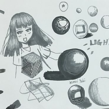 Monochrome artwork of a girl surrounded by floating spheres, geometric shapes, gaming device icons, and Japanese-style doodles, featuring bold black and grey marker shading.