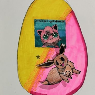 Colourful artwork featuring pink Jigglypuff and brown Eevee characters on a bright yellow and pink background with decorative patterns and stars.