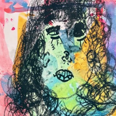 Colourful artwork depicting a stylised cat portrait with bold black lines, textured patterns, and vibrant pink, blue, green, yellow and orange paint.